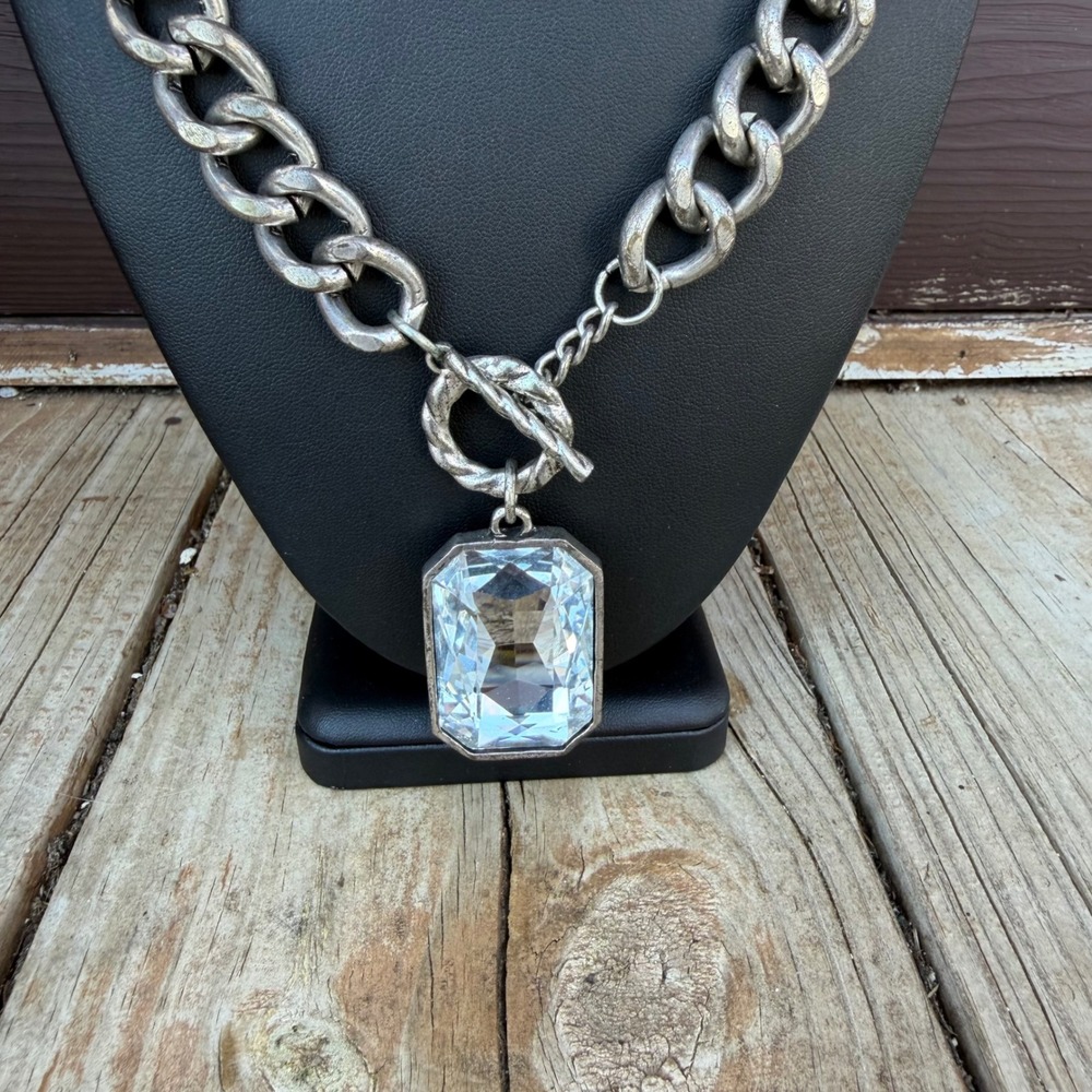 Chunky Curb Chain Necklace Women Silver Clear Emerald Cut Crystal Toggle Clasp - Picture 2 of 7
